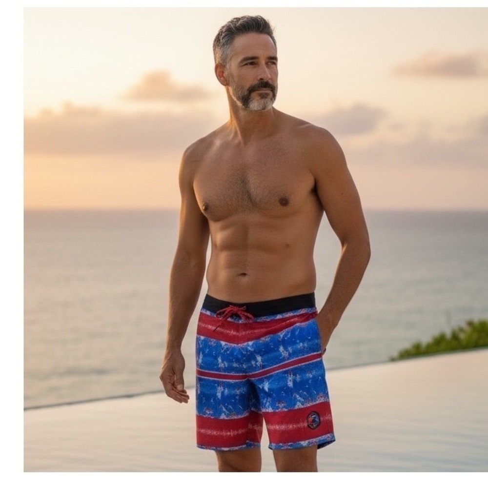 Pelagic Mens Board Shorts Size 36 Blue Red Stripe‎ Fishing Print Swim Trunks